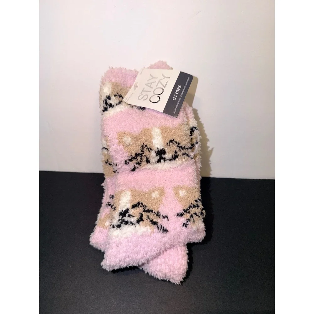 Stay Cozy Women Pink Cat Face Fuzzy Crew Sock 1 Pair Set NEW